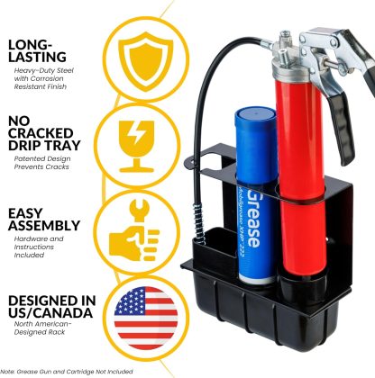 Grease Gun Holder - Wall Mount Lubricant Gun Rack | Removable Drip Tray & Spare Cartridge Holder | Garage & Workshop Tools Organizer | Truck and Tractor Accessories | USA Designed - Image 2