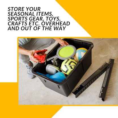Overhead Bin Rack - Ceiling Mount Overhead Garage Storage Rack | Adjustable Width and Orientation | Heavy Duty Ceiling Bin Storage Rails | Fits Black & Yellow Storage Bins | USA Designed (8 Bins) - Image 5