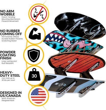 Wakeboard Wall Mount Rack | Anti-Sway Patent-Pending Arm Mount Design | Adjustable Steel 4-Tier Horizontal Wakeboard Rack | USA Designed - Image 2