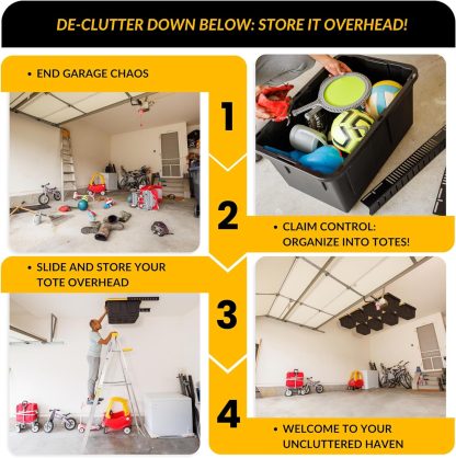 Overhead Bin Rack - Ceiling Mount Overhead Garage Storage Rack | Adjustable Width and Orientation | Heavy Duty Ceiling Bin Storage Rails | Fits Black & Yellow Storage Bins | USA Designed (8 Bins) - Image 3
