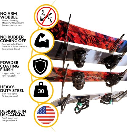 Snowboard Storage Rack | 4-Tier Horizontal Snow Board Wall Rack | Anti-Sway Patent-Pending Arm Mount Design | USA Designed - Image 2