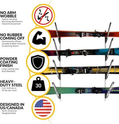 Ski Storage Rack for Garage | 4-Tier Horizontal Ski Rack and Indoor Garage Organizer | Anti-Sway Patent-Pending Arm Wall Mount | USA Designed - Image 2