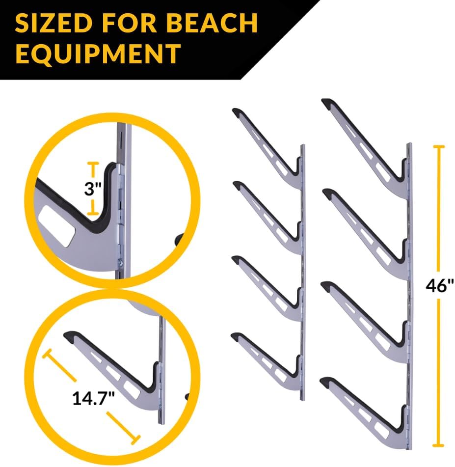 Beach Chair Storage Rack | 4-Tier Horizontal Camping, Umbrella, Beach Gear, and Garage Storage | Anti-Sway Patent-Pending Arm Wall Mount | USA Designed