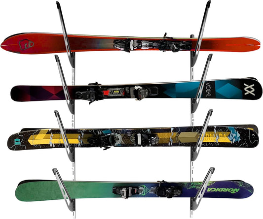 Ski Storage Rack for Garage | 4-Tier Horizontal Ski Rack and Indoor Garage Organizer | Anti-Sway Patent-Pending Arm Wall Mount | USA Designed