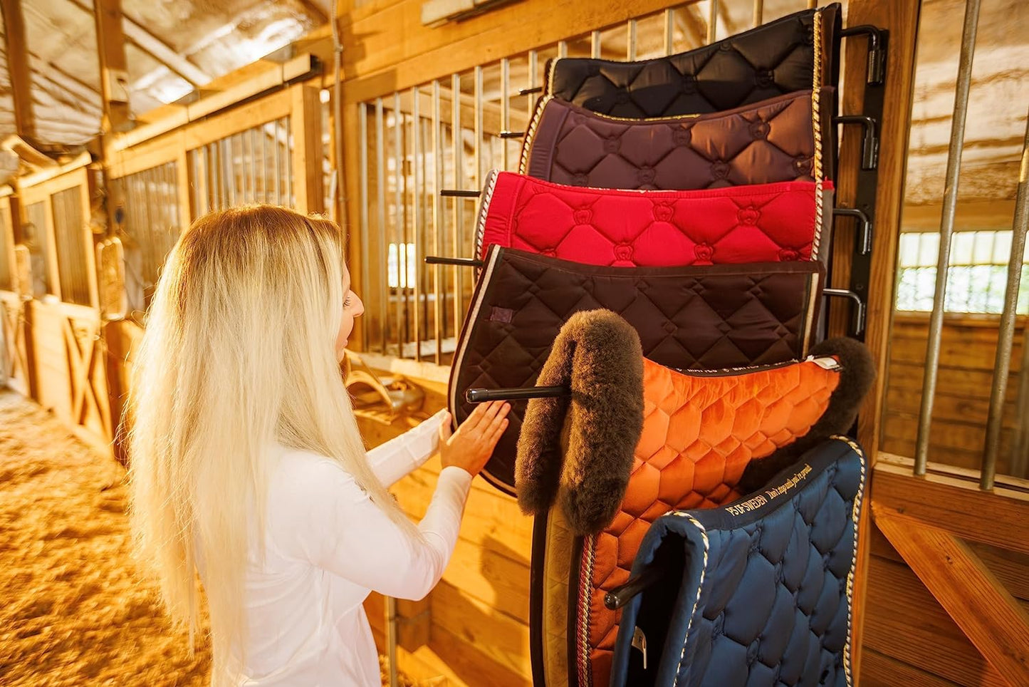 Saddle Pad Rack - Horse Blanket Holder | Heavy Duty 180 Degree Swing-Out Wall Mount | Six (6) Well-Spaced, Extra-Long Rack Arms for Various Accessories | USA Designed