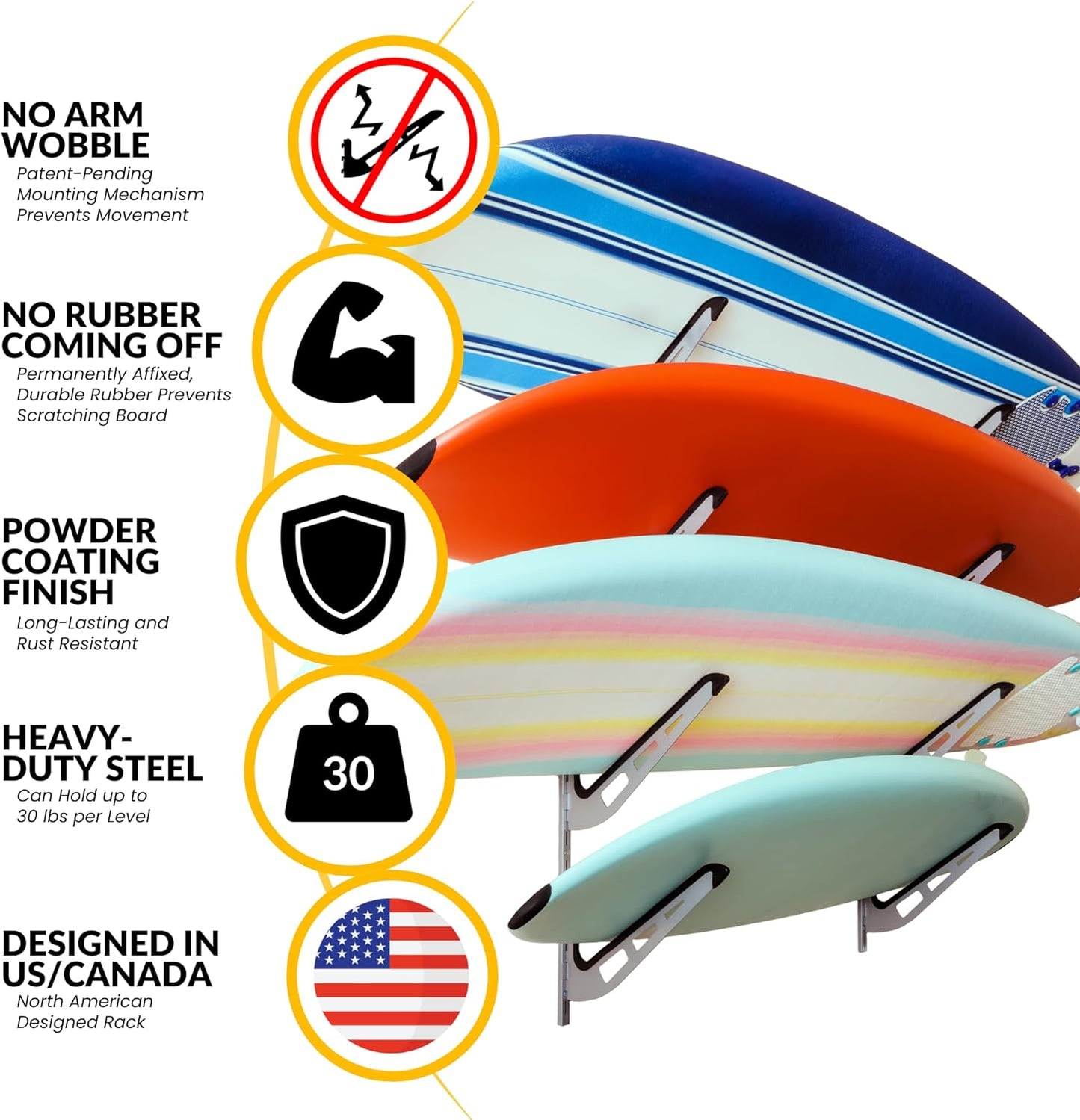 Surfboard Wall Rack | 4-Tier Horizontal Surf Board Rack | Anti-Sway Patent-Pending Arm Mount Design | USA Designed