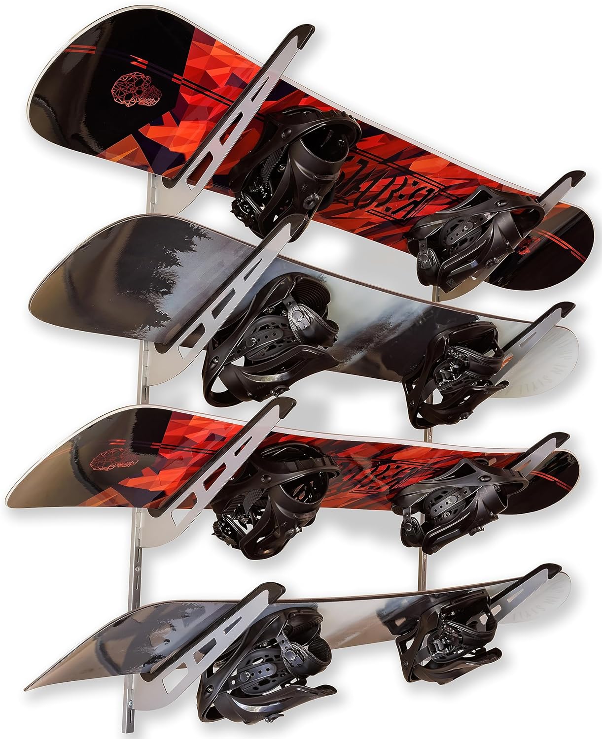 Snowboard Storage Rack | 4-Tier Horizontal Snow Board Wall Rack | Anti-Sway Patent-Pending Arm Mount Design | USA Designed